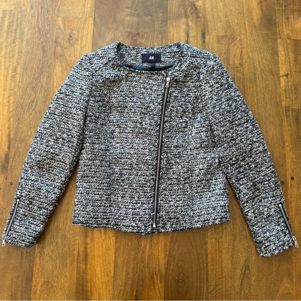 H&M Tweed Full Zip Long Sleeve Moto Jacket Women’s size 4